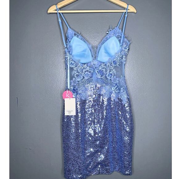 Portia & Scarlett PS24205 Floral Lace Bodice Sequin Mini Dress NWT Blue Size 2 - Picture 8 of 9